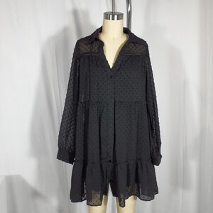 ZARA - BLACK COLLARED LACE INSERT DOTTED Mini MESH DRESS (SIZE SMALL)